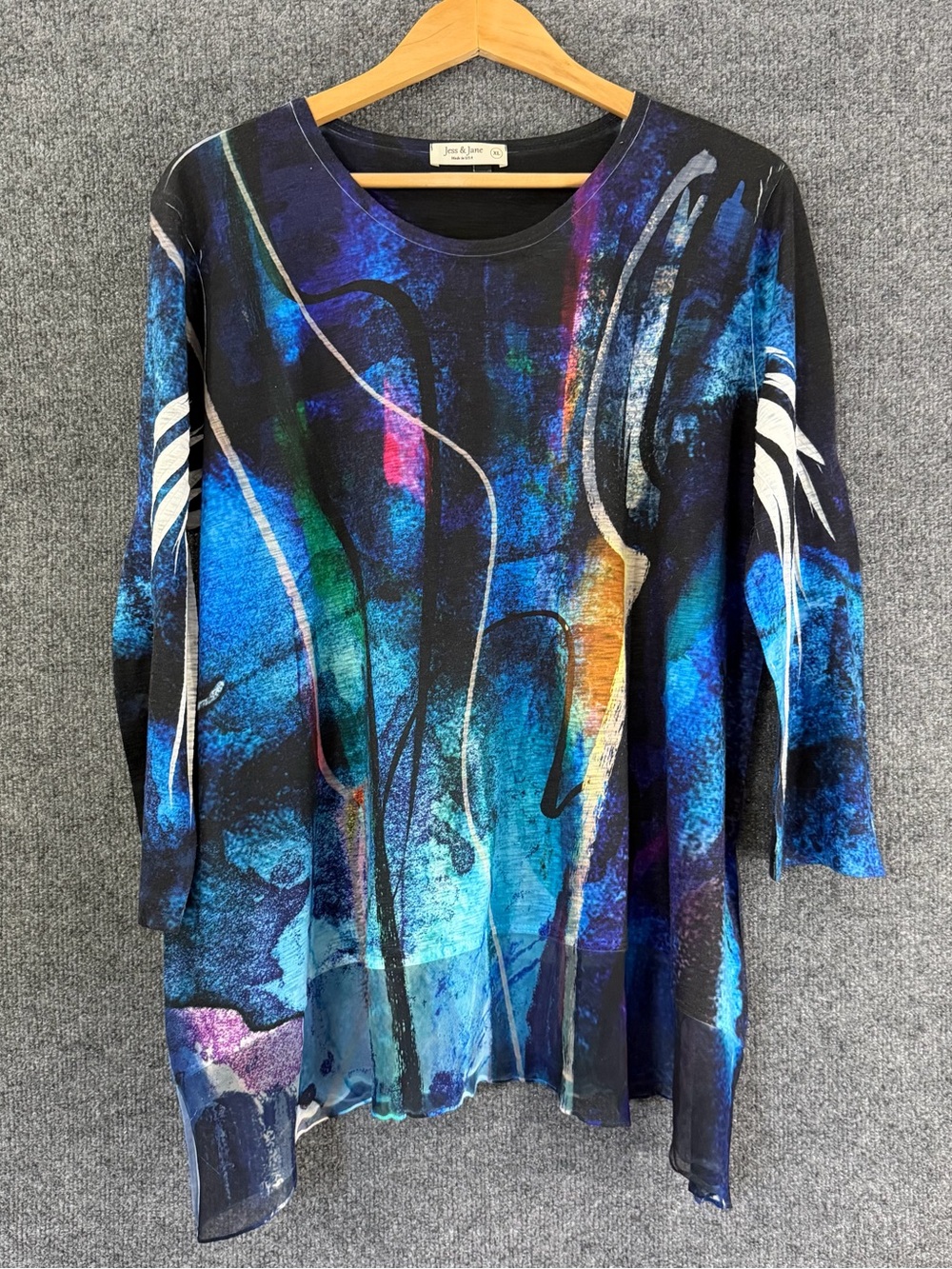 Jess & Jane Womens Artsy 3/4 Sleeve Top Size XL Blue Chiffon Hem Casual